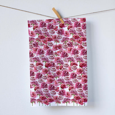 A stunning and elegant pattern featuring Peonies in varying shades of pink. Our dish towels are a perfect combination of style and practicality.  Size: 19"x 28" Print size 16"x18" 100%  Cotton Gift Ready Packed Machine wash  Exclusively at Red BIrd's House Copyright owned by Pauline Stevens.