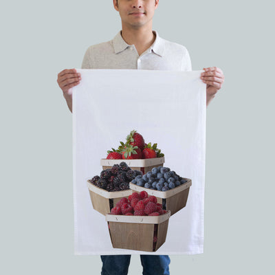 Spring Berries. Photographic kitchen towel with strawberry and blueberry collage. Great for an easter or spring surprise. Food photography by Pauline Stevens. Hostess Gift. 19 x 28 (10480936461)