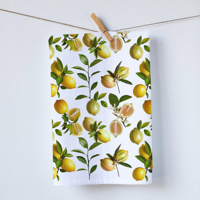 Lemon Kitchen Towel. Bright yellow sliced and unsliced lemon photographs. Pauline Stevens Photography. Hostess gift. 19" x 28" (7547190345951)