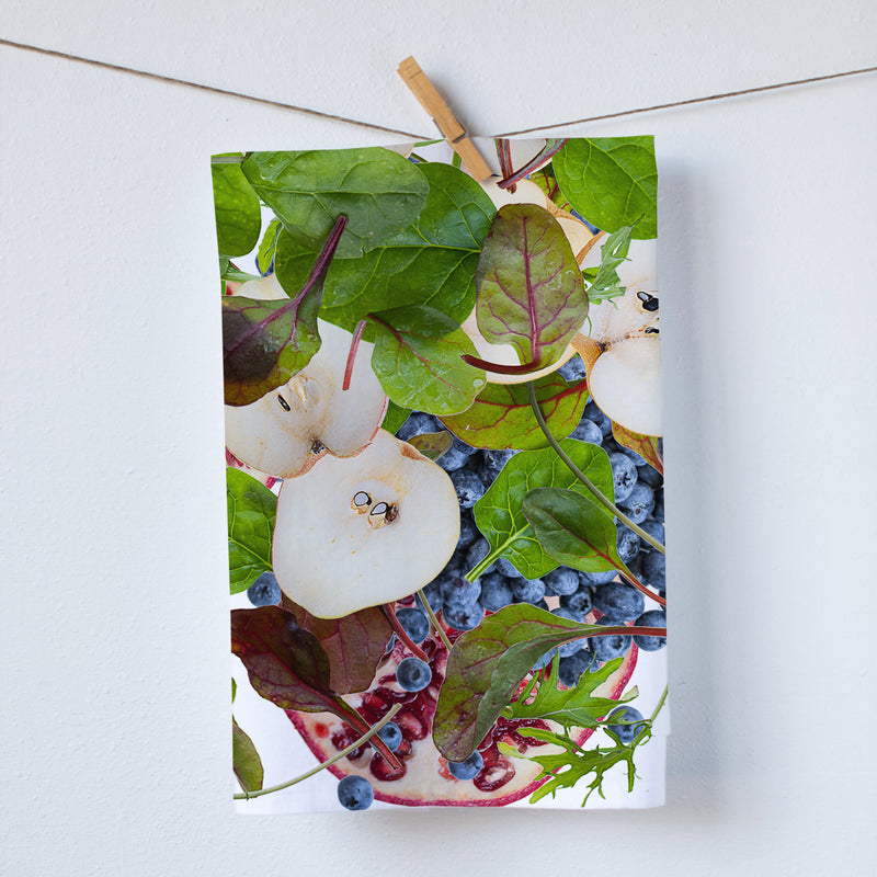 Pomegranate, apple, and blue berries kitchen towel. Few spinach leaves resembling that of a soon to be delicious salad. Hostess gift. Food photography by Pauline Stevens. 19" x 28" (7486055809247)