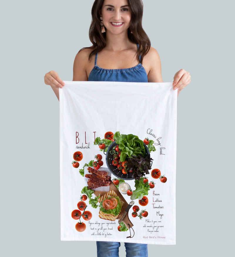 BLT recipe kitchen towel. Summer sandwich bacon lettuce and tomato. Food photography by Pauline Stevens . Hostess gift. 19 x 28   (2169388993)