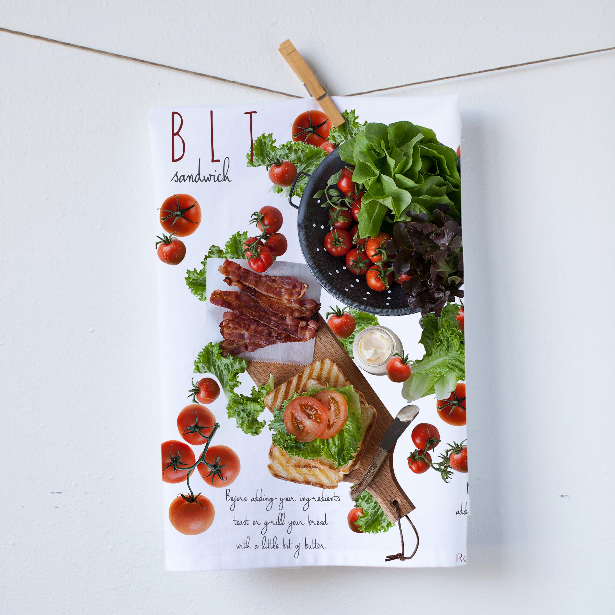 BLT recipe kitchen towel. Summer sandwich bacon lettuce and tomato. Food photography by Pauline Stevens . Hostess gift. 19 x 28   (2169388993)
