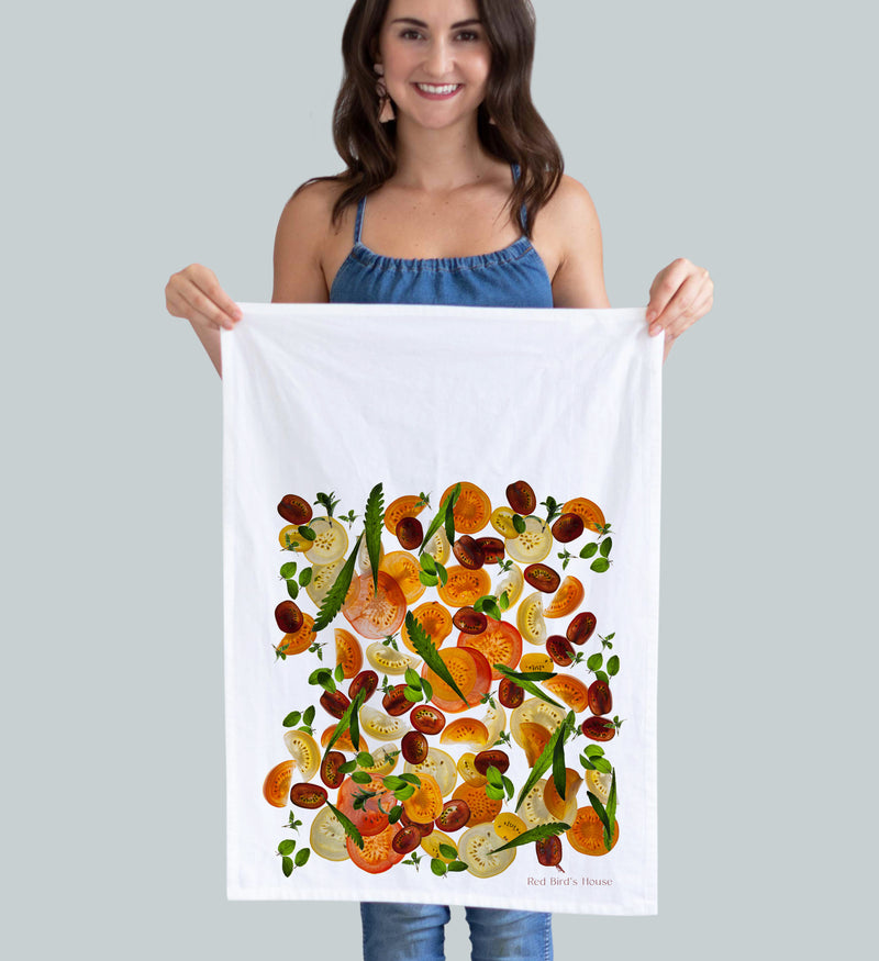 Cherry tomato kitchen towel collage. Vibrant orange, red, and yellow sliced tomatoes. food photography by Pauline Stevens. Hostess Gift. 19"x 28"  (418711861)