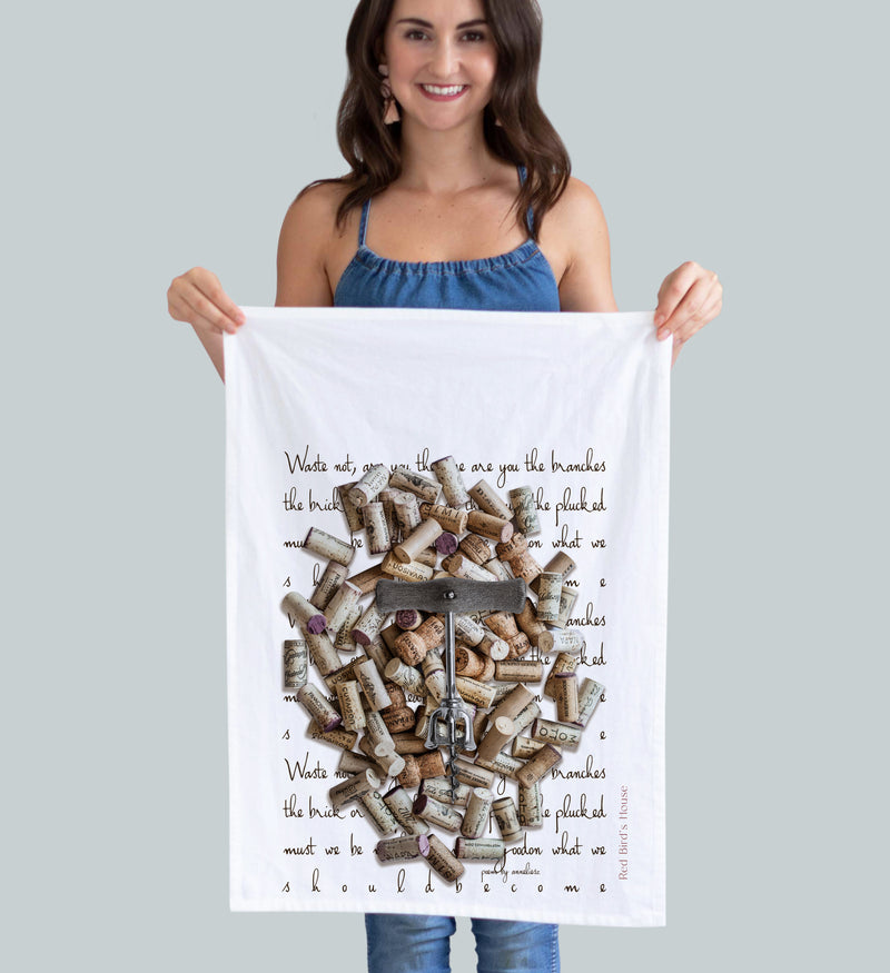 Hundreds of different corks varying in size and shape, along with a wine opener. 100% cotton linen kitchen towel. Photography by Pauline Stevens. hostess gift. 19"x 28"  (3732639711284)