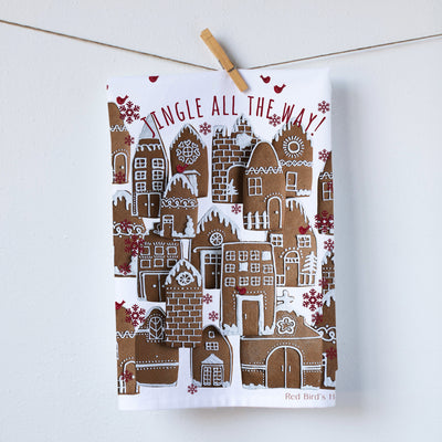 Christmas Ginger Bread houses kitchen towel. Beautiful well decorated gingerbread towels. Small town during Christmas of gingerbread houses. Jingle all the way. Photograph by Pauline Stevens. Hostess Gift, 19" x 28" (4294493372552)