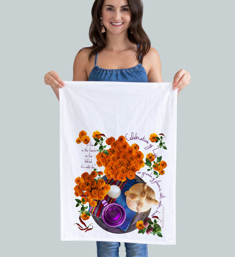 Ofrenda kitchen towel. Dia de los muertos is here. Ofrenda has bread cups and beautiful flower. As well as a touch of Mexican artisan items. Photography by Pauline Stevens. Hostess Gift, 19" x 28"  (3730517721140)