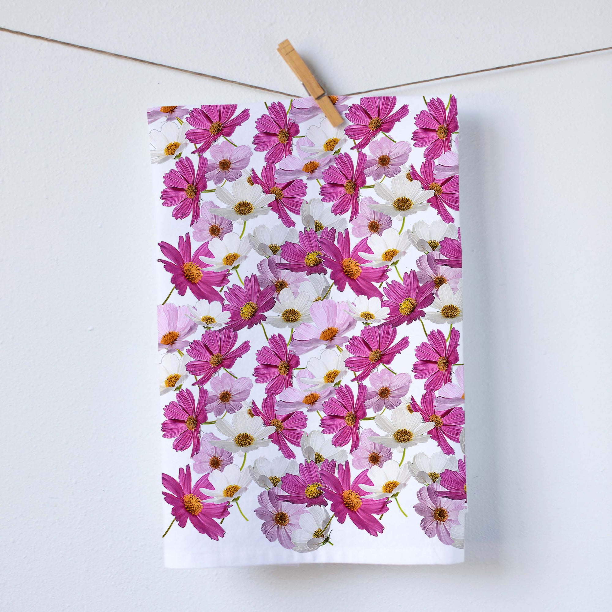 White, pink, and purple cosmo flower kitchen towel. 100% cotton linen. Photography by Pauline Stevens. Hostess Gift. 19"x 28"