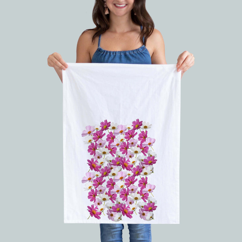 White, pink, and purple cosmo flower kitchen towel. 100% cotton linen. Photography by Pauline Stevens. Hostess Gift. 19"x 28"