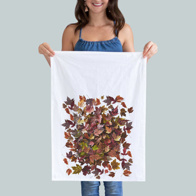 Fall flowers kitchen towel. Small beautiful orange and red maple leaf flowers lined up orderly . Photography by Pauline Stevens. Hostess Gift. 19"x 28"  (5975970021525)