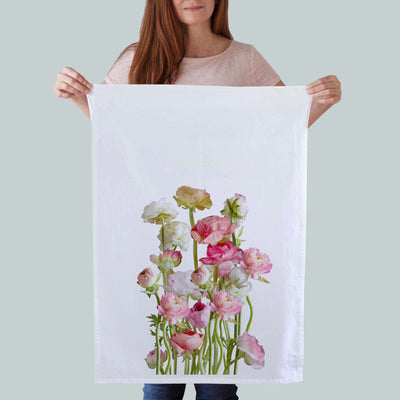 This elegant kitchen towel features arrangements of  Rannuculus  in beautiful pastel colors, adding a touch of sophistication to any kitchen.

 Our dish towels are a perfect combination of style and practicality.

Size: 19"x 28" Print size 16"x18"
100%  Cotton
Gift Ready Packed
Machine wash 
Exclusively at Red BIrd's House
Copyright owned by Pauline Stevens.
