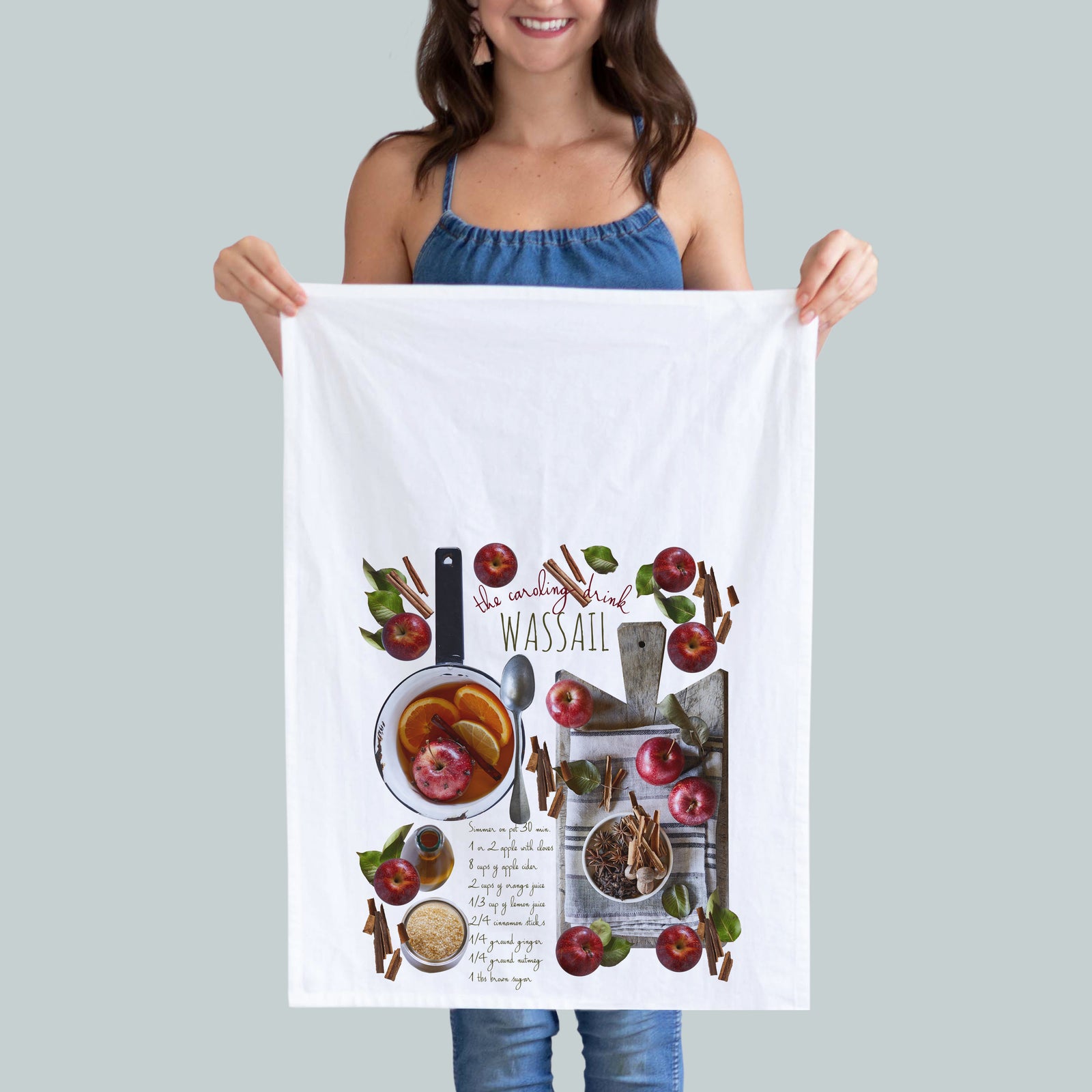 A wonderful kitchen towel printed with full color photography of a Wassail drink recipe.  Cinammon, apples and spices on a wonderful vintage wooden cutting board.  A kitchen towel.  A beautiful gift.  Size 28"x29" print size 16"x18"
