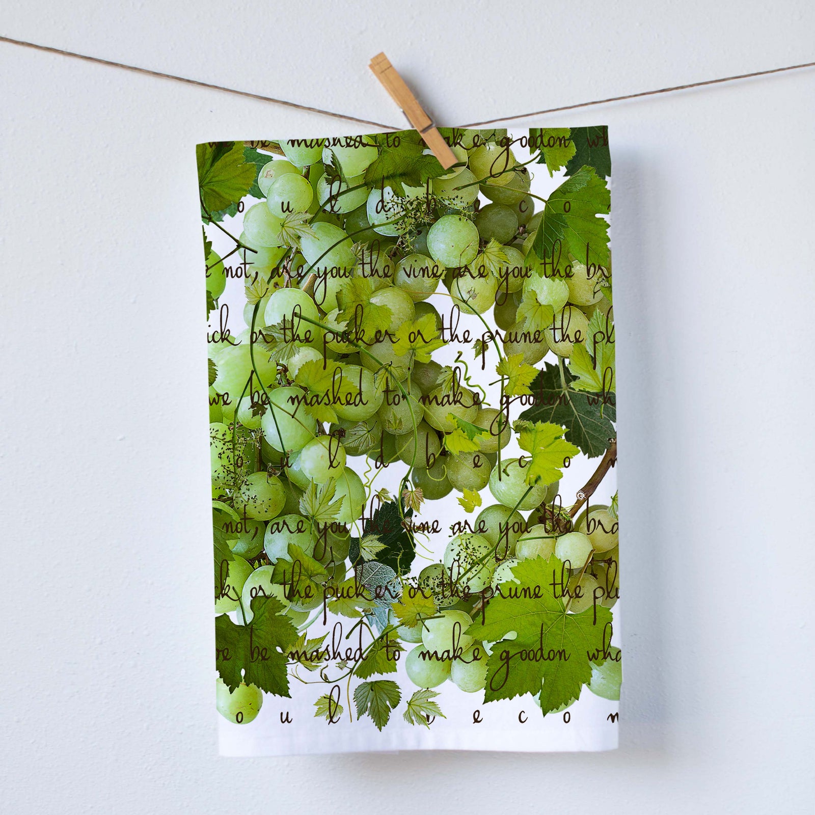 Enhance your kitchen with our green grapes design kitchen towels, adding a touch of vineyard charm. Perfect for wine aficionados.  Our dish towels are a&nbsp;perfect combination of style and practicality.   Size: 19"x 28" Print size 16"x18" 100%&nbsp; Cotton Gift Ready Packed Machine wash,&nbsp; Exclusively at&nbsp;Red BIrd's House Copyright owned by&nbsp;Pauline Stevens.