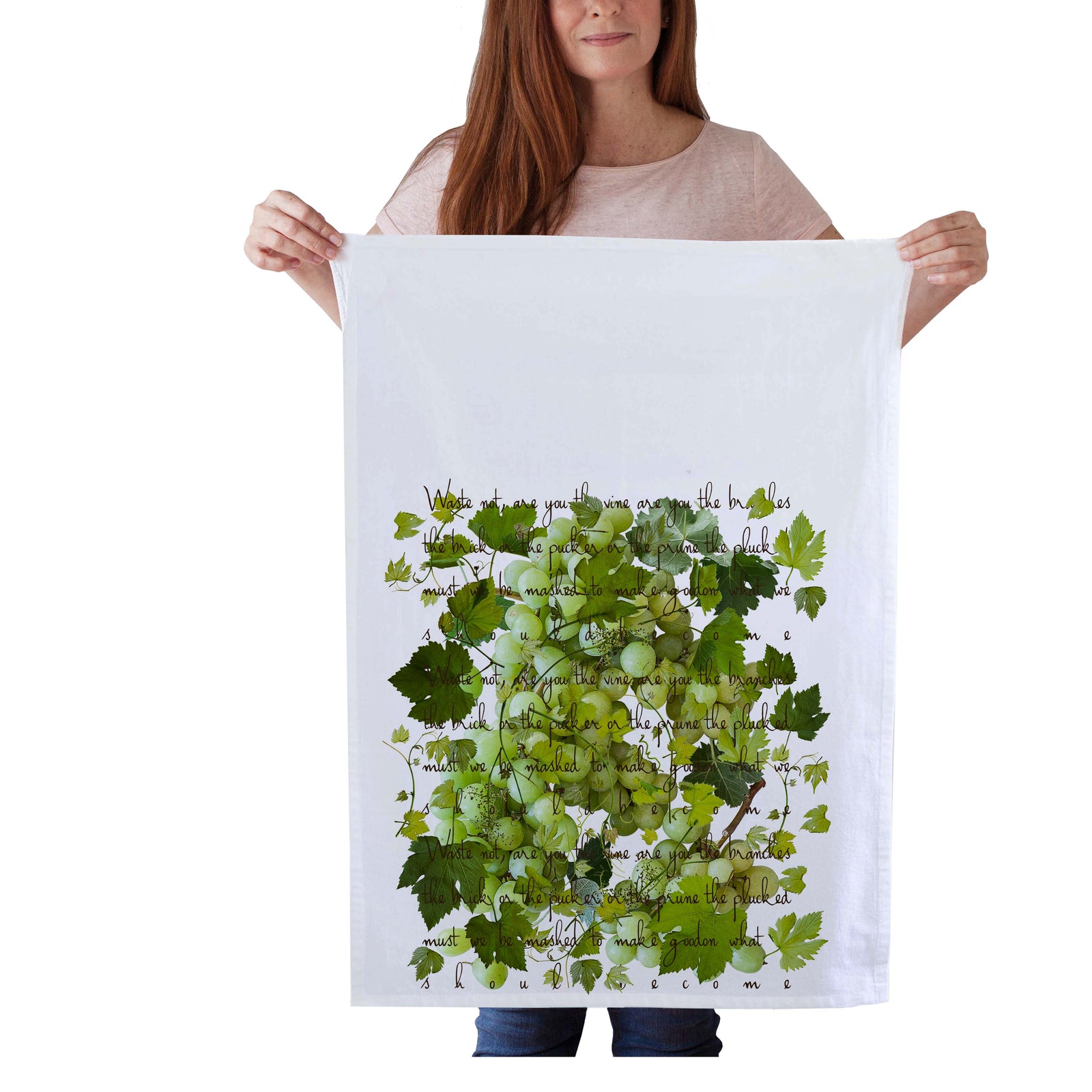 Enhance your kitchen with our green grapes design kitchen towels, adding a touch of vineyard charm. Perfect for wine aficionados.  Our dish towels are a&nbsp;perfect combination of style and practicality.   Size: 19"x 28" Print size 16"x18" 100%&nbsp; Cotton Gift Ready Packed Machine wash,&nbsp; Exclusively at&nbsp;Red BIrd's House Copyright owned by&nbsp;Pauline Stevens.