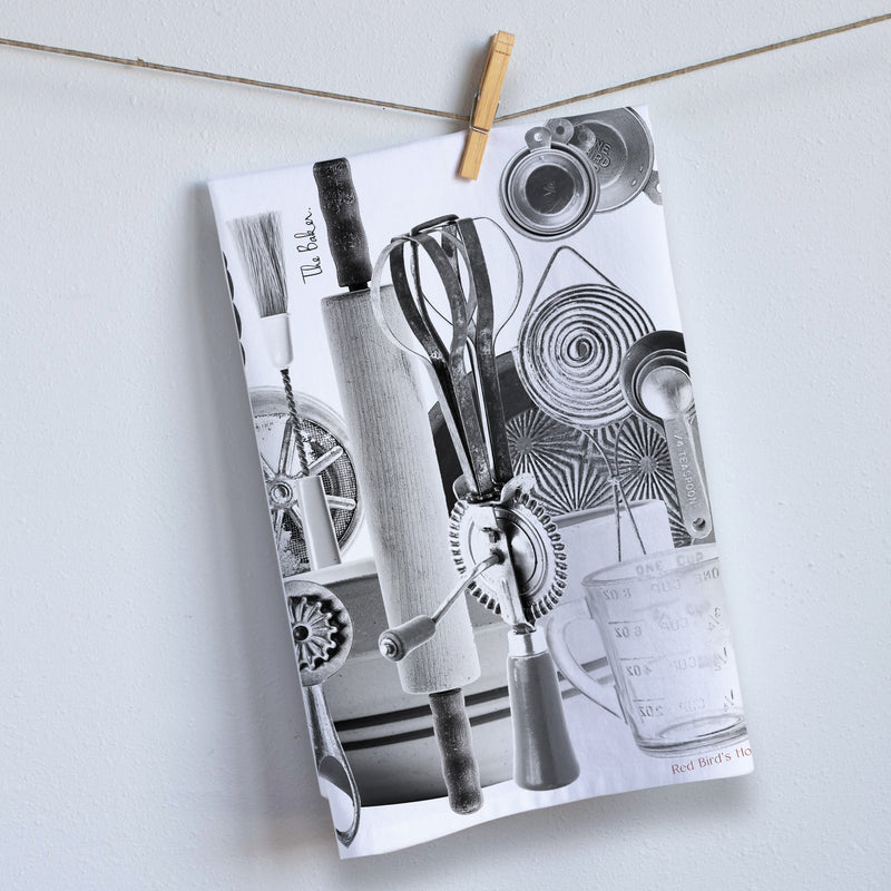 Bakers utensils black and white kitchen towel. Antique Utensils that seem from the 1920s. Great gift for those who love to bake. Food photography by Pauline Stevens. Hostess gift. 19 x 28  (9659220237)