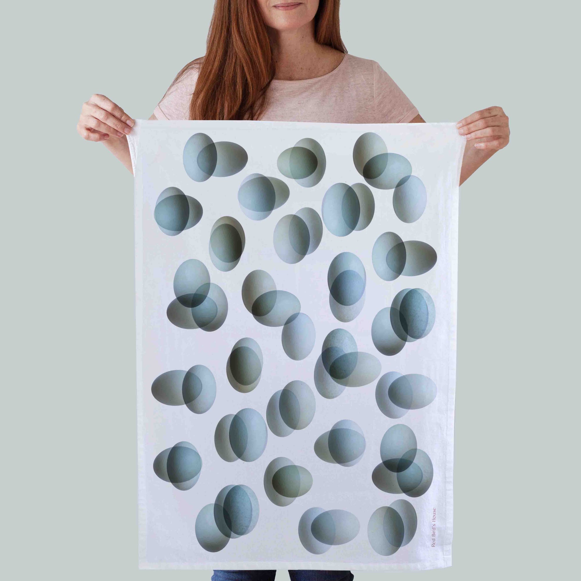 Kitchen towels with a full frame color photography of blue eggs photo by Pauline Stevens for Red Bird’s House  Bird's House.  Hostess gift . 19"x 28" (7486050533599)