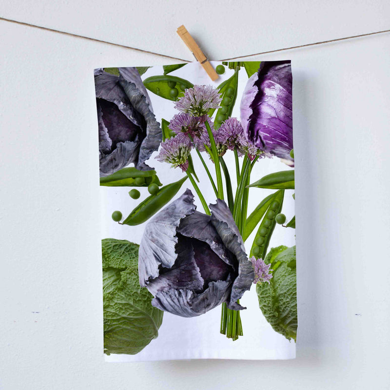 Purple and green cabbage kitchen towel. Beautiful colors and vibrant. Food photography by Pauline Stevens. Hostess Gift.19"x 28"  (7486068326623)