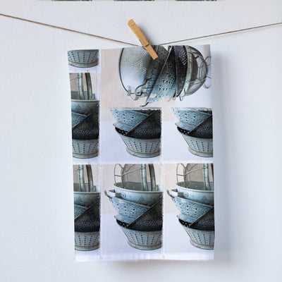 Variety of different stacked Colanders Kitchen Towel. Colanders from different time periods some rusty and some brand new. Great for those who love to cook or those Italian friends who love pasta. Hostess Gift. 19"x 28" (10480866189)
