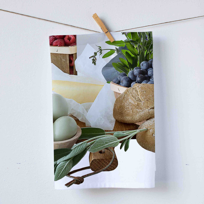 Farm to table kitchen towel. Milk eggs butter bread and fruit, al in beautiful wooden baskets. Hostess gift. Photography by Pauline Stevens. 19"x 28".  (7486071898335)