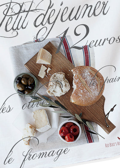 Gift giving made easy, a gift for the cook, French Breakfast design is hand printed  into cotton flour sack.. Original photography hand printed on cotton, Modern farm style. (464707717)