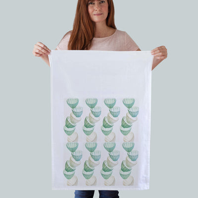 Baby Blue, green, and clear glass jello molds kitchen towels. Beautiful collage reminds me of the molds my grandmother had. Great gift for grandmothers or anyone else who loves to cook. Photography by Pauline Stevens. Hostess Gift, 19" x 28" (7858033721567)