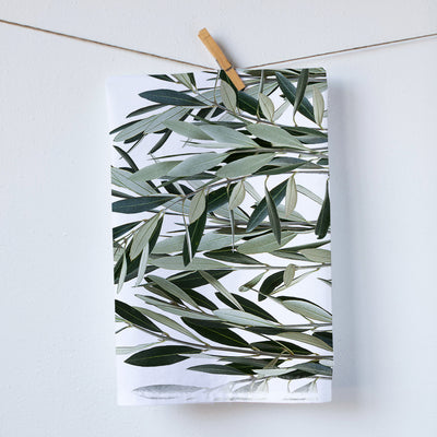 Olive branches kitchen towel. Olive branches resembling peace great present for coming together of old and new friends. Photography by Pauline Stevens. Hostess Gift, 19" x 28" (424008373)