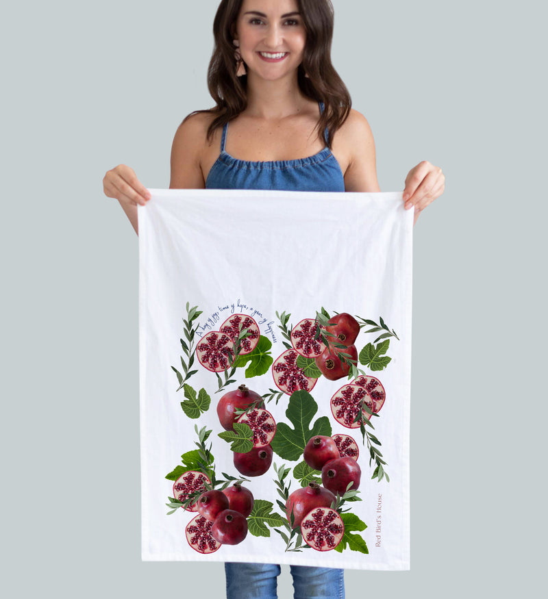 Pomegranate kitchen towel. Beautiful Pomegranate kitchen towel super bright purple and detailed. Sliced Pomegranate have visibility of beautiful seeds. Hostess gift. Pauline Stevens Photography. 19" x 28" (10053221005)