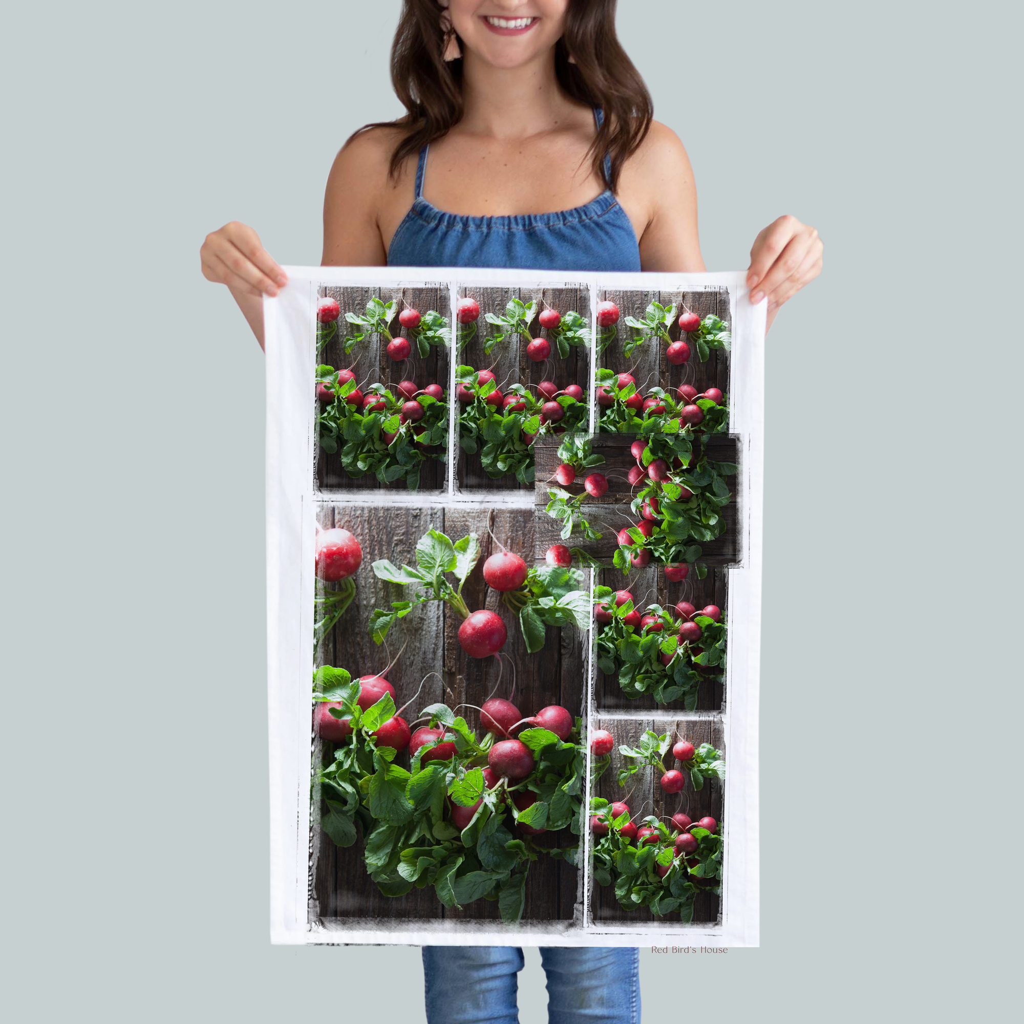 Kitchen Towel with freshly picked farm radishes. Displayed on a beautiful dark brown weathered barn door. Amazing for a Hostess gift. (7858230034655)