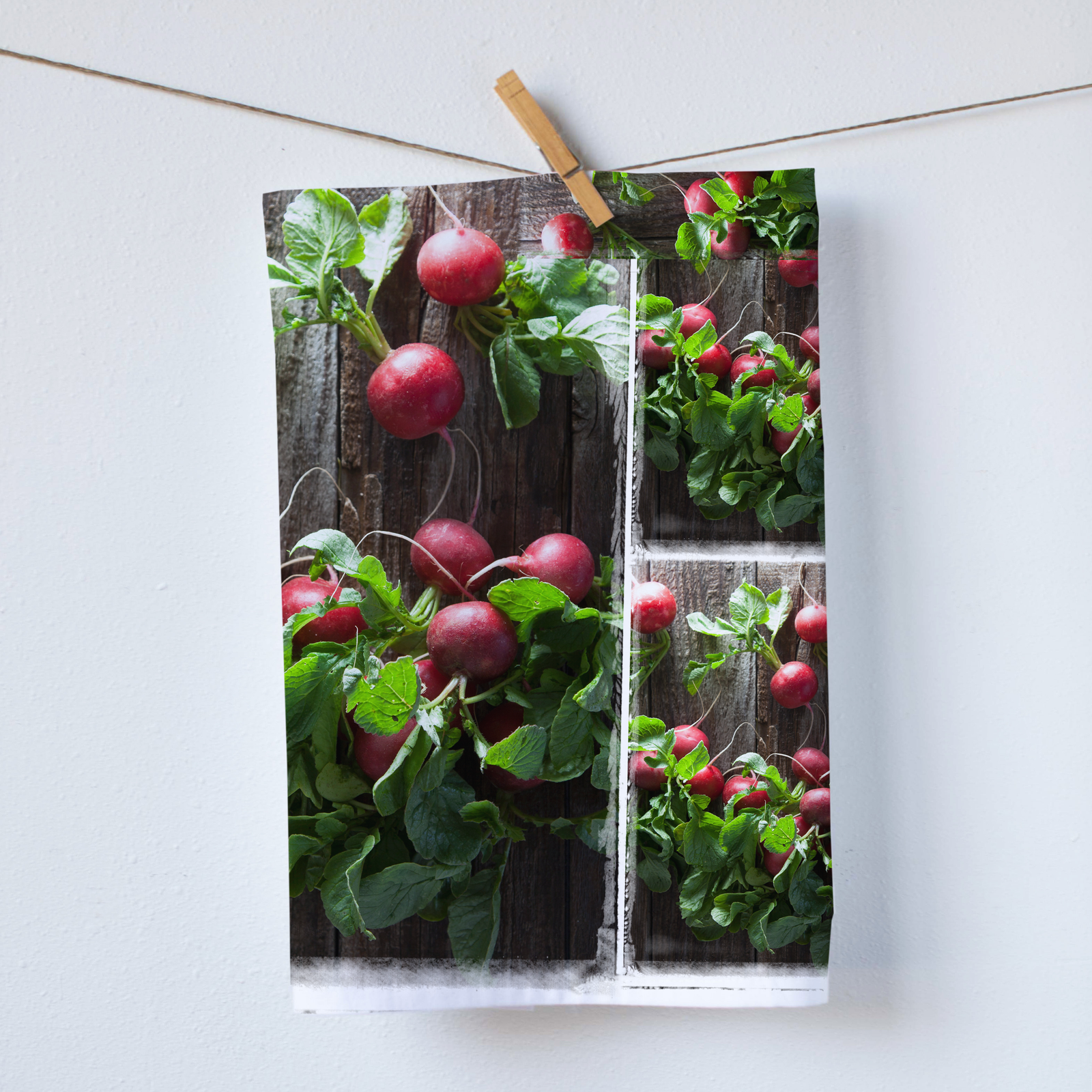 Kitchen Towel with freshly picked farm radishes. Displayed on a beautiful dark brown weathered barn door. Amazing for a Hostess gift. (7858230034655)