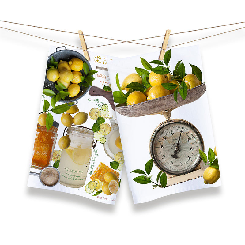 Summer theme- Set of 2 kitchen linens full color photography is printed onto cotton- lemonade recipe with full color photography and a vintage scale with lemons also full color photography bby Pauline Stevens exclusively for Red Bird's House   (10481041997)