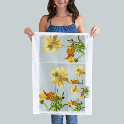 A PHOTO COLLAGE OF BEAUTIFUL YELLOW IRIS FLOWERS PRINTED ON A 18"X28"  COTTON KITCHEN TOWELS. PHOTOGRAPHY BY PAULINE STEVENS (7858090377439)