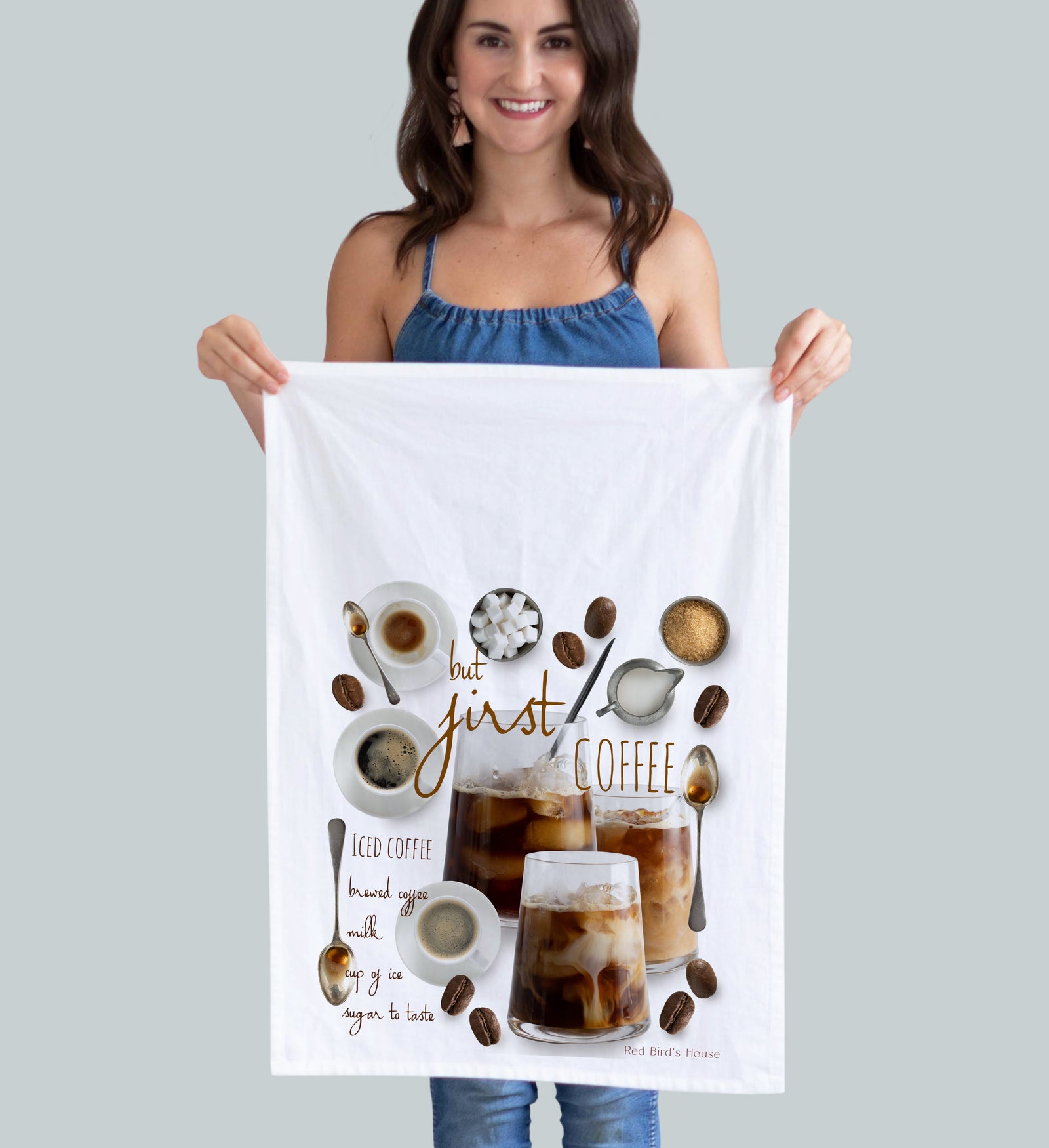 A fun kitchen towel with a iced  late recipe and full color photography.  Printed on cotton flour sacks and gift ready wtapped. (5331567870101)