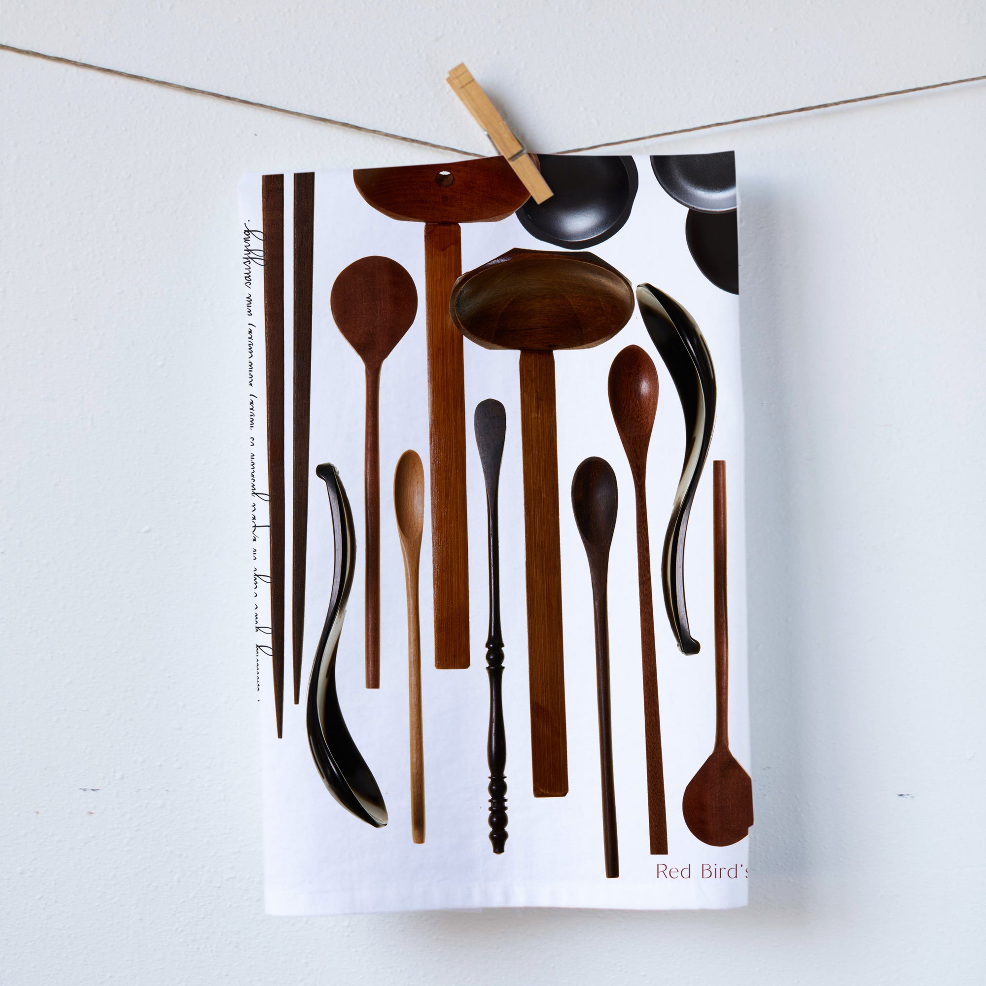 Variety of wooden spoon kitchen towel. From dark wood to light wood spoons. Many different shapes from ladles to serving spoons. beautiful vibrant colors great to add character to the kitchen. Photography by Pauline Stevens. Hostess Gift. 19"x 28"  (6081240563911)