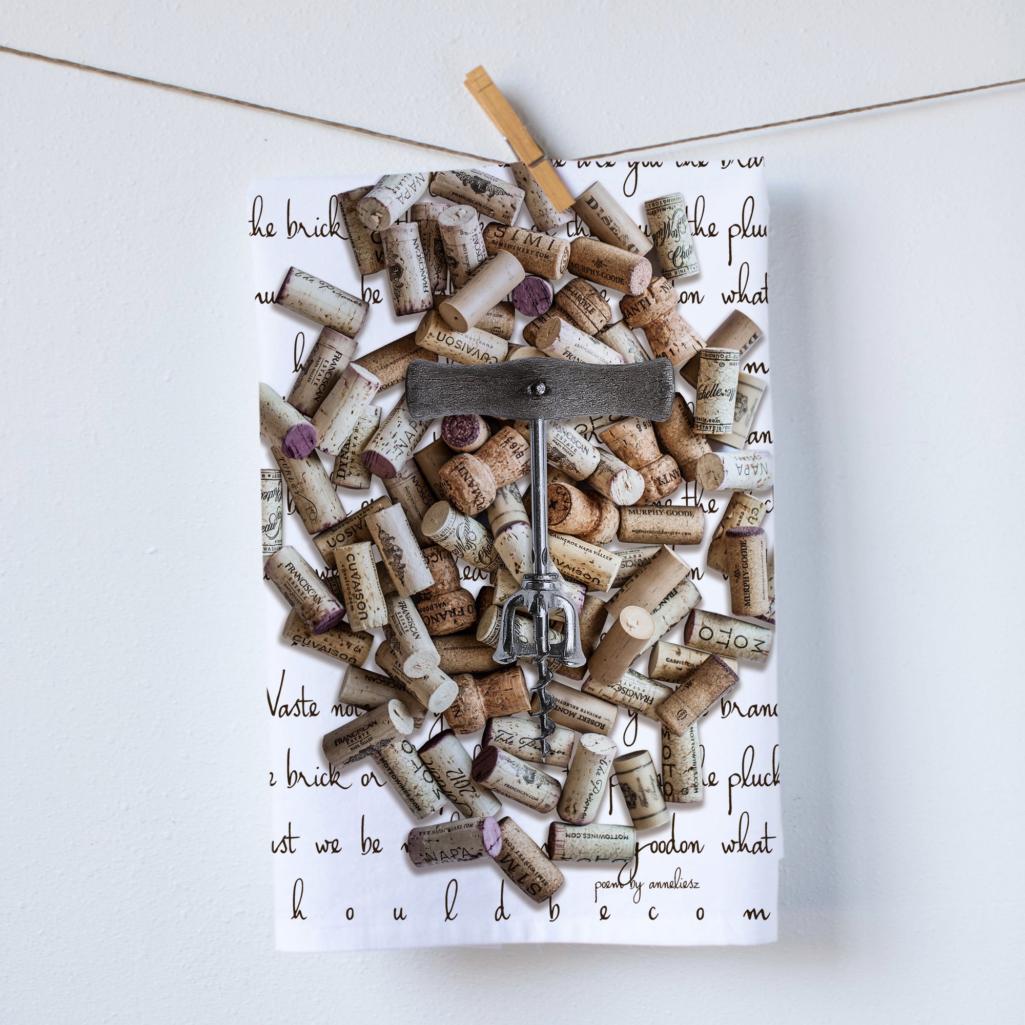 Hundreds of different corks varying in size and shape, along with a wine opener. 100% cotton linen kitchen towel. Photography by Pauline Stevens. hostess gift. 19"x 28"  (3732639711284)