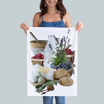 Farm to table kitchen towel. Milk eggs butter bread and fruit, al in beautiful wooden baskets. Hostess gift. Photography by Pauline Stevens. 19"x 28".  (7486071898335)