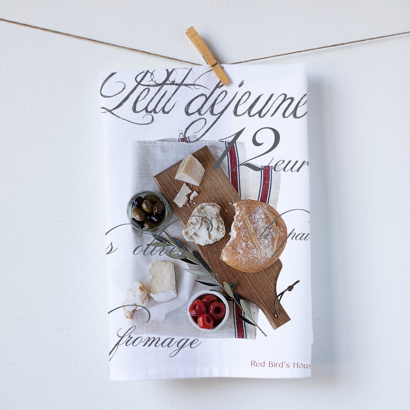 Typical french Breakfast kitchen towel. cheese bread and olives on a cutting board. full vibrant photograph colors. Photography by Pauline Stevens. Hostess gift 19"x 28"  (464707717)