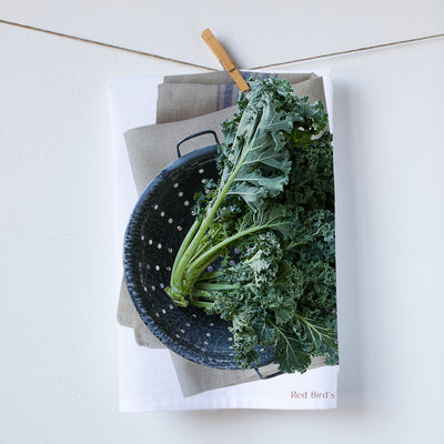 Fresh Kale in a colander kitchen towel. Farmers Market recently harvested kale in full color. Adds a beautiful green to your kitchen.  Photography by Pauline Stevens. Hostess Gift, 19" x 28" (9764494157)
