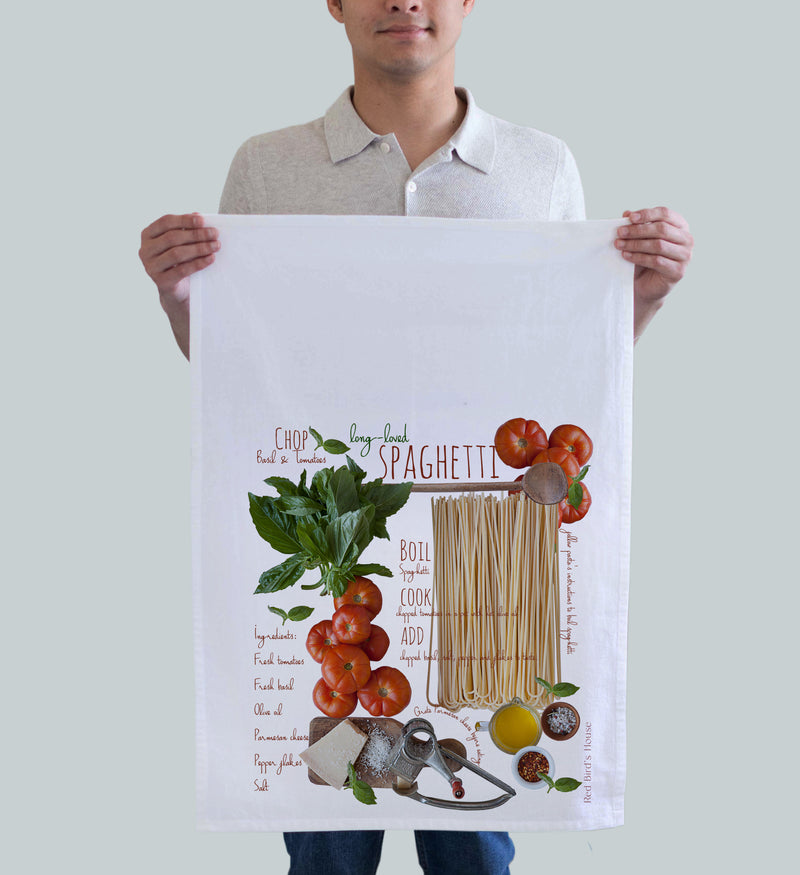 A WONDERFUL KITCHEN TOWELS PRINTED WITH A TRADITIONAL SPAGHETTI RECIPE ILLUSTRATED WITH FULL COLOR PHOTOGRAPHY.  PRINTED IN 100% COTTON.  KITCHEN TOWEL SIZE 18X29" PRINT SIZE 16"X18" (6438482177)